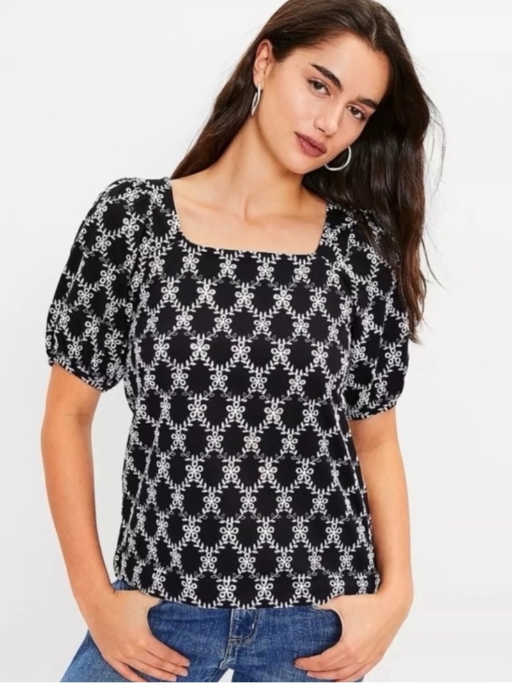 LOFT Floral Eyelet Short Sleeve Peasant Top